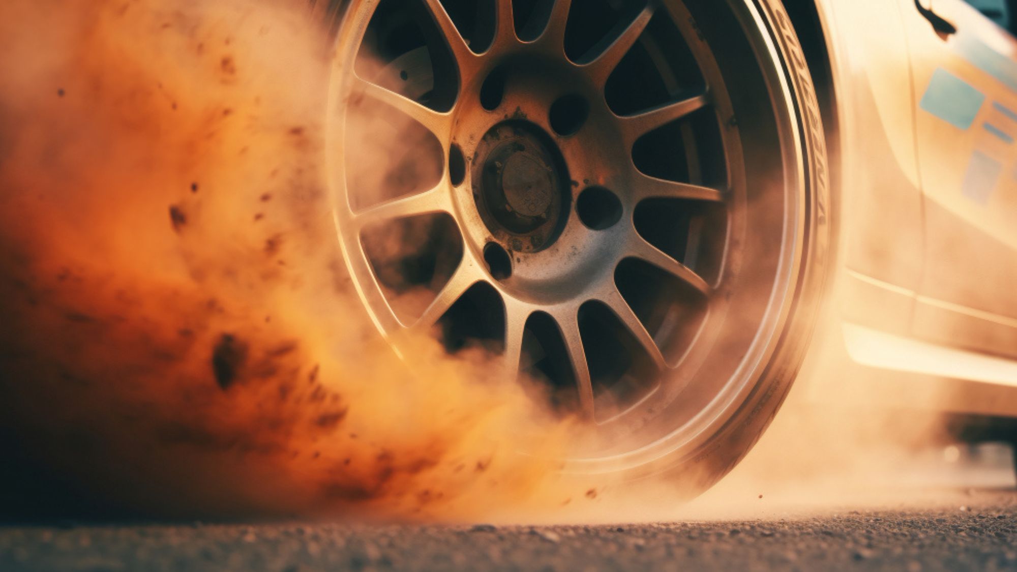 A car tire emitting smoke due to car exhaust backpressure