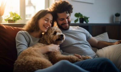 A couple sitting on a couch with their dog, enjoying a cozy moment together in their pet-friendly home