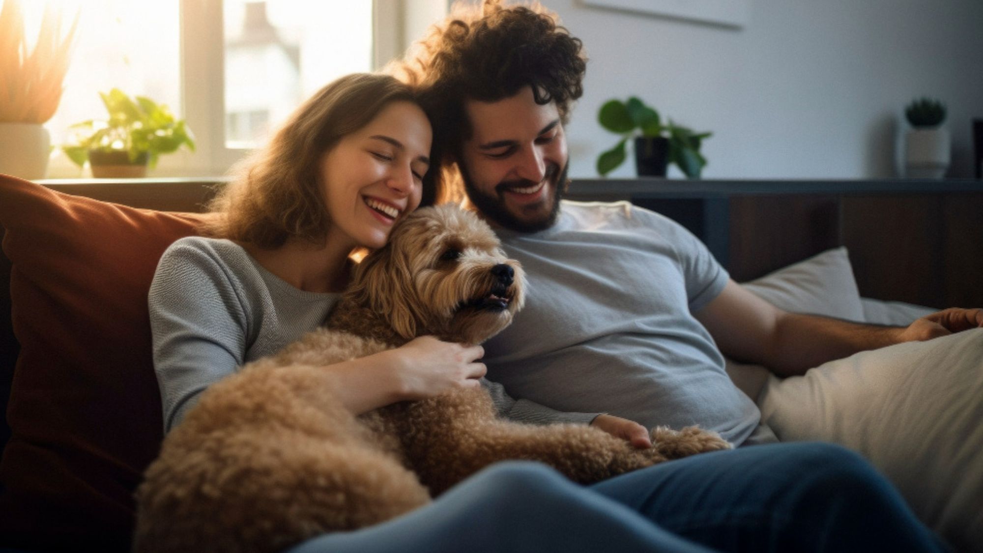 A couple sitting on a couch with their dog, enjoying a cozy moment together in their pet-friendly home