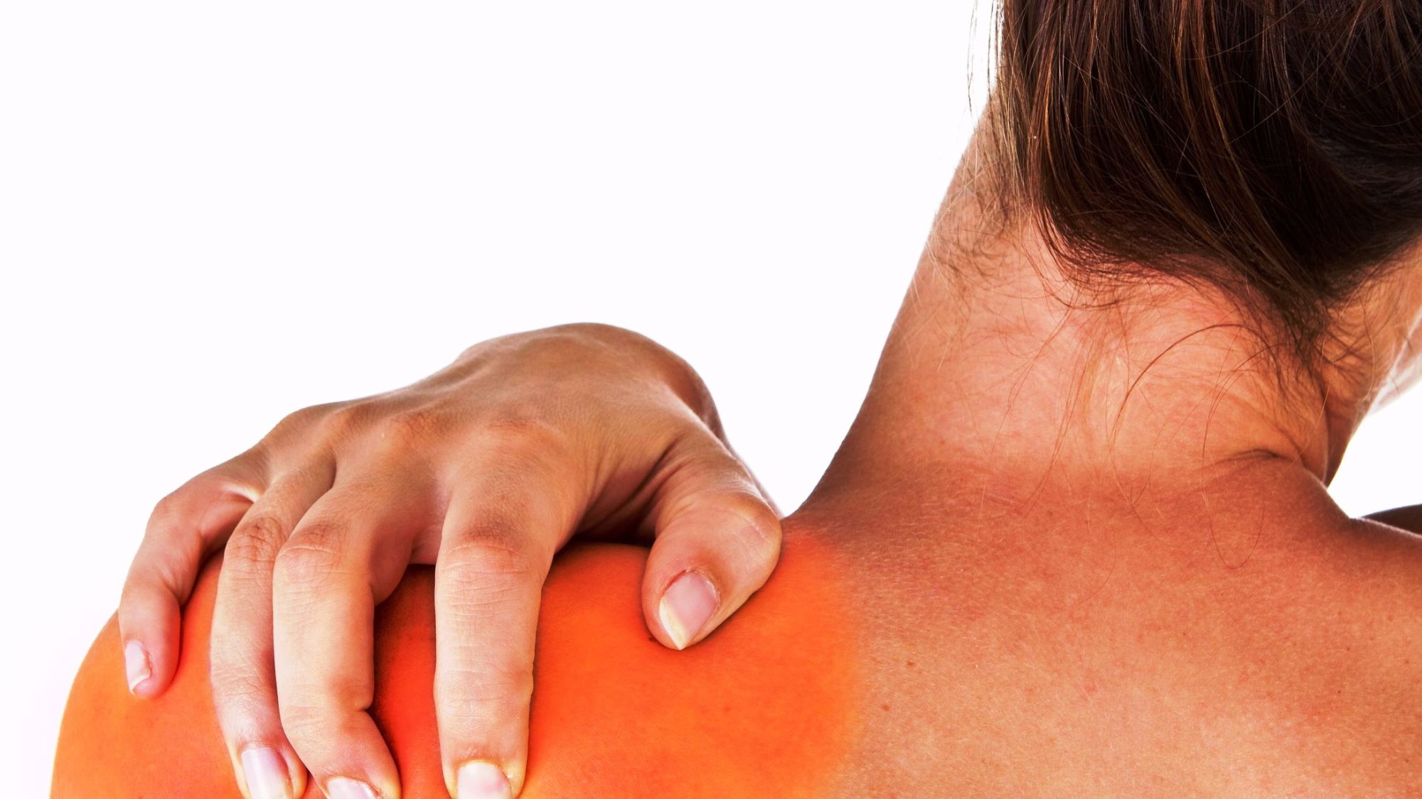 A woman with a scar on her shoulder, indicating shoulder pain