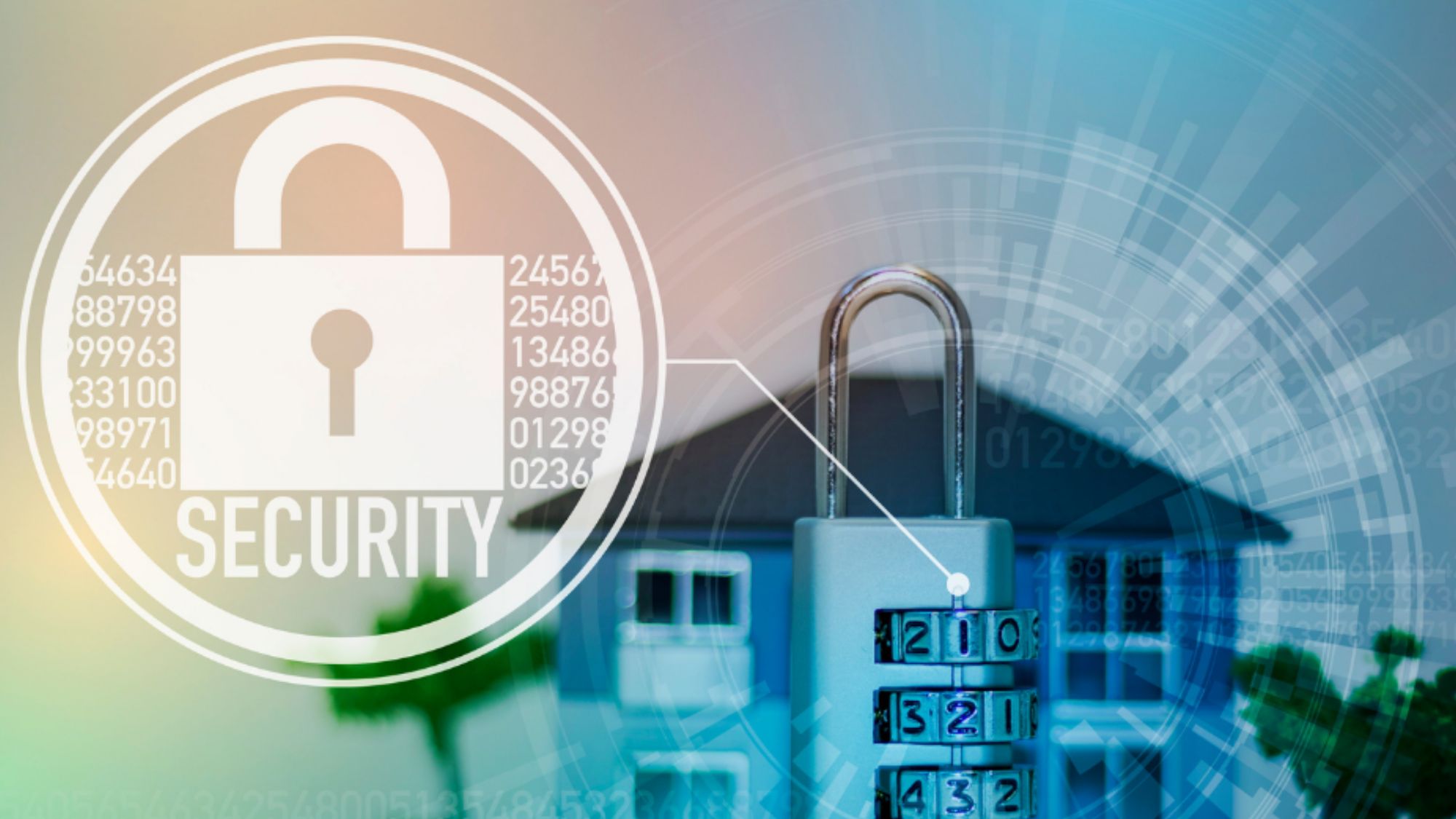 House and padlock on digital background symbolize protection and safety for rental property