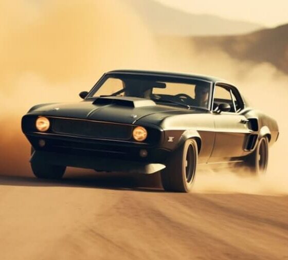 A vintage muscle car cruising on a desert road