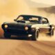 A vintage muscle car cruising on a desert road